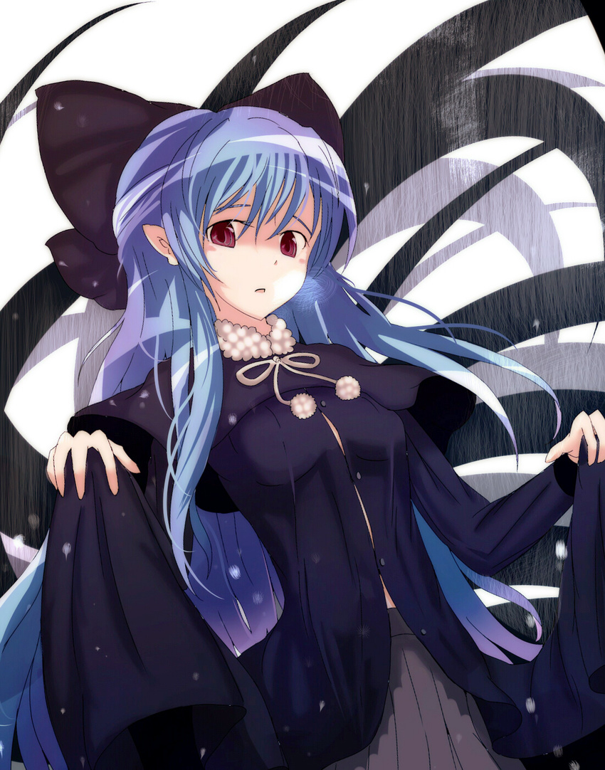 bad_id bad_pixiv_id black_dress blue_hair bow capelet dress hair_bow half_updo highres len long_hair melty_blood pointy_ears red_eyes solo tsukihime yodori