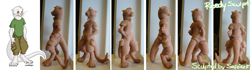 cargo_pants color cute elbow_tuft figurine head_tuft hindpaw male otterface pants pockets red_eyes reed rotation sculpture sefeiren tail whiskers young