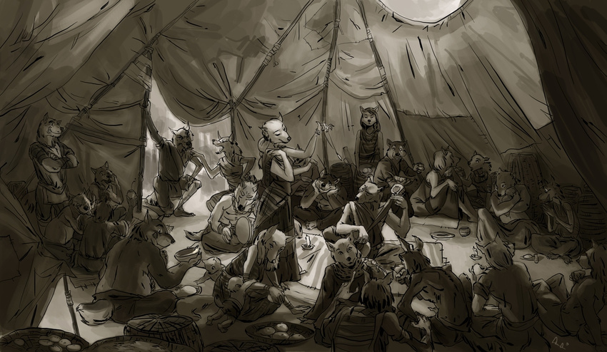 background black_and_white canine conversation dancing drinking female food group ink_and_wash interaction male meal monochrome music paperplane tent