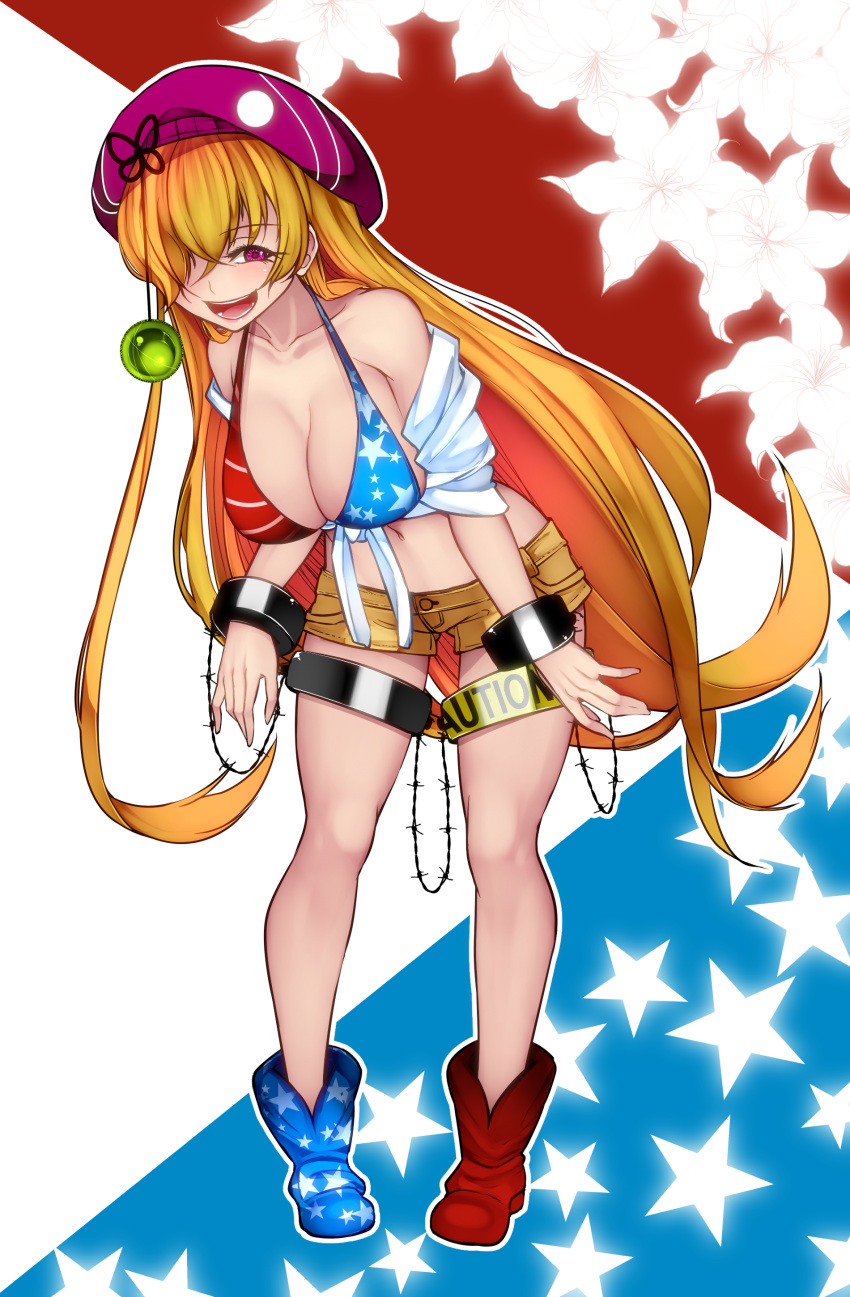 1girl :d absurdres alternate_breast_size alternate_costume alternate_headwear american_flag_bikini_top aoshima barbed_wire bare_legs bare_shoulders beret bikini_top blonde_hair blue_background blue_bikini_top blue_footwear blush boots breasts caution clownpiece collarbone commentary_request crop_top full_body hair_over_one_eye hat highres large_breasts leaning_forward long_hair looking_at_viewer midriff mismatched_footwear multicolored multicolored_background navel off_shoulder older open_mouth purple_eyes purple_hat red_background red_bikini_top red_footwear shirt short_shorts short_sleeves shorts smile solo standing star star_print stomach striped_bikini_top thigh_strap thighs tied_shirt touhou very_long_hair white_background white_shirt wrist_cuffs yellow_shorts