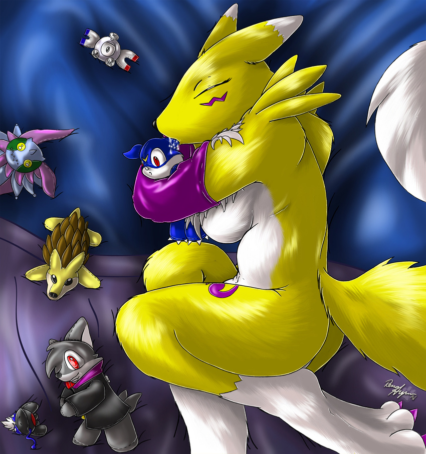 bed black_eyes breasts canine digimon drool eyes_closed female fox licking magnemite plushie pok&eacute;mon red_eyes rena_ayama renamon saliva sandslash side_boob solo tongue veemon yellow_eyes