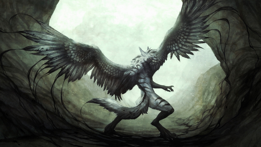 canine cave fangs gunnerromantic male solo tempest_omega wallpaper wings wolf