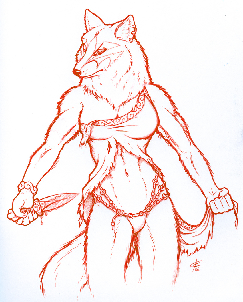 2006 blood canine dress ear_piercing earring female fox hi_res huge iisaw knife piercing sketch skimpy solo torn_clothing tough white_background