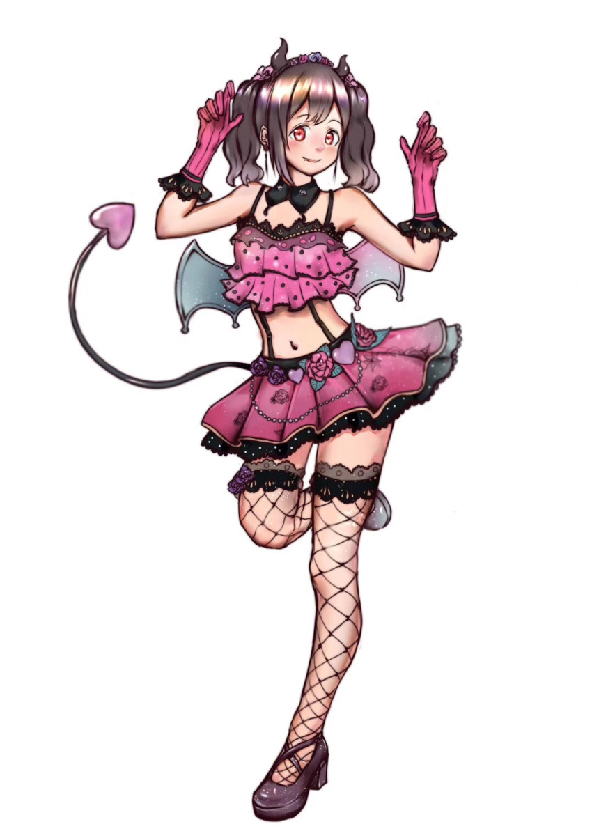 1girl blush brown_hair copyright_request demon_horns demon_tail fishnet_legwear fishnets flower frills gloves hands_up highres horns looking_at_viewer low_wings mini_wings navel pinkball red_eyes red_flower red_rose rose skirt solo tail thighhighs wings