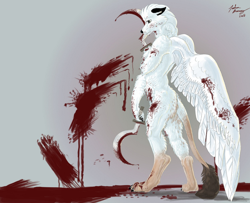 angel blade blood blood_splatter central curved expression female looking_away mekoryuk sad sickles standing tail wings