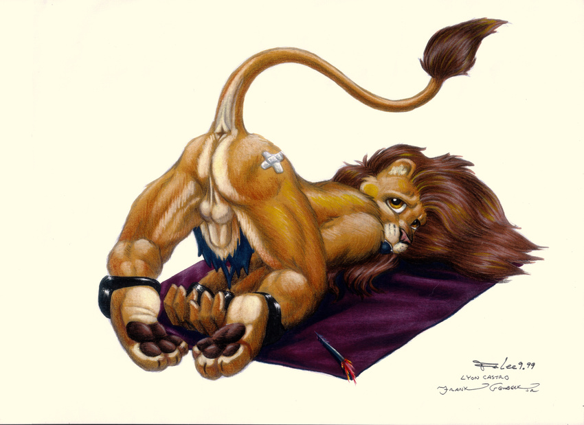 1999 absurd_res ball_gag bdsm bondage brown_eyes collaboration fel feline frank_gembeck hi_res hindpaw insane_res lion loincloth looking_at_viewer lyon_castro male scan solo underwear white_background