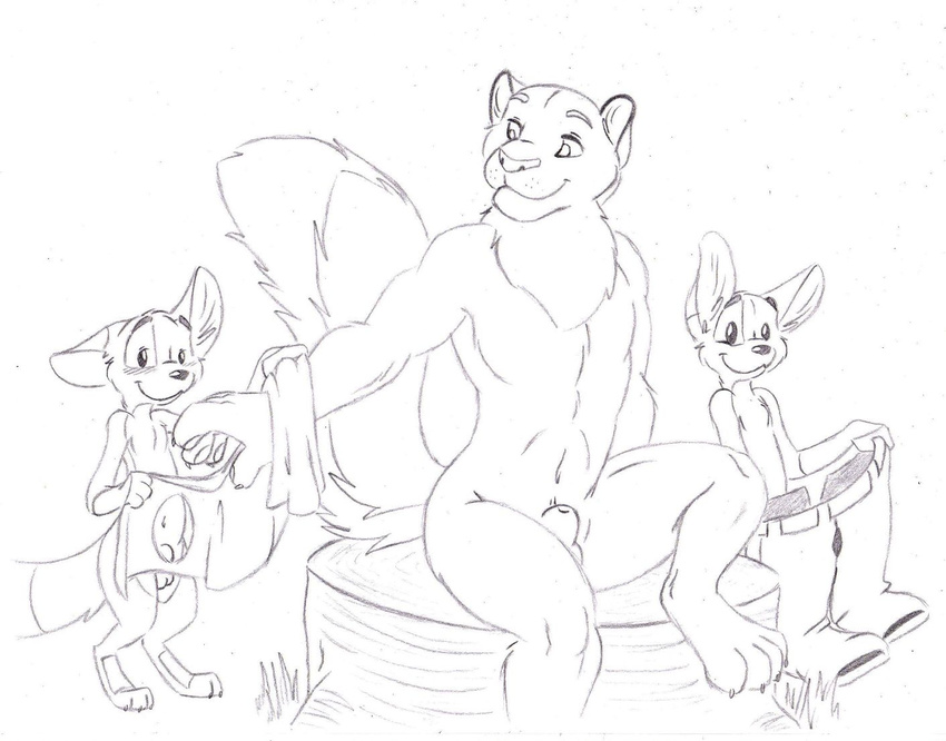 abs balls chest_tuft citra citralove claws feline hal leopard looking_at_each_other male muscles nude outside paws sheath sitting smile tail trio undressing white_background woods