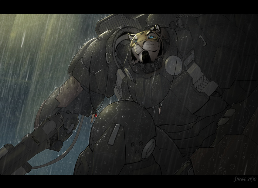 armor blood blue_eyes feline male necklace rain rifle solo strype tiger