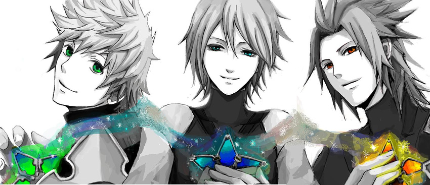 2boys aqua_(kingdom_hearts) bad_id bad_pixiv_id blue_eyes green_eyes kingdom_hearts kingdom_hearts_birth_by_sleep multiple_boys orange_eyes sdhh simple_background spot_color terra_(kingdom_hearts) ventus