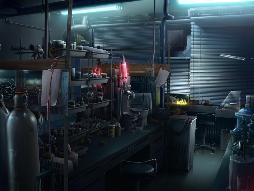 dark erlenmeyer_flask flask fluorescent_lamp glowing lab_condenser laboratory lamp living no_humans original photorealistic pipes scenery