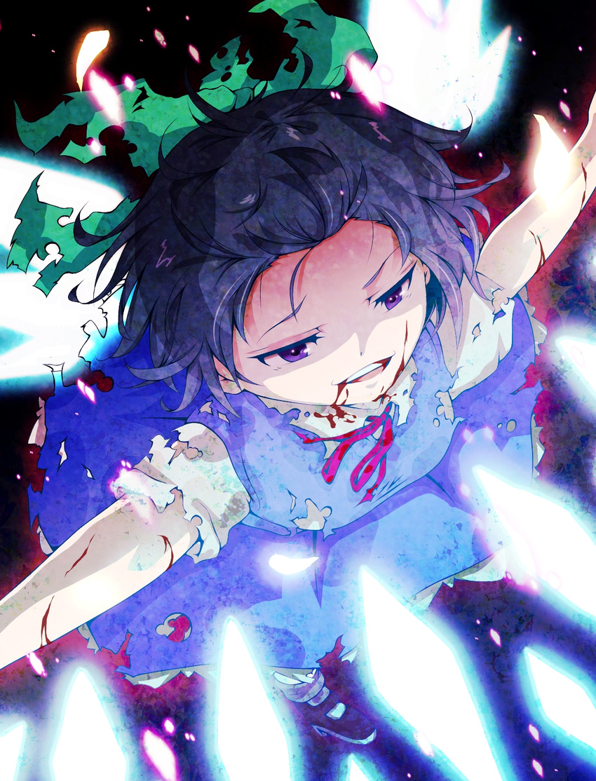 bad_id bad_pixiv_id blood blue_eyes blue_hair cirno danmaku dress_shirt forehead from_above highres injury mary_janes mizuki_(ekakichan) outstretched_arms purple_eyes shirt shoes short_hair smile solo spread_arms torn_clothes touhou wings