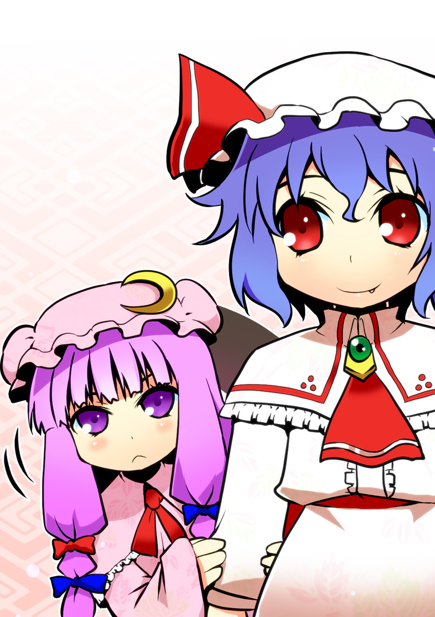 :&lt; absurdres arm_holding blue_hair cling crescent fang hat highres long_hair multiple_girls patchouli_knowledge purple_eyes purple_hair red_eyes remilia_scarlet short_hair shy smile takadoya touhou younger