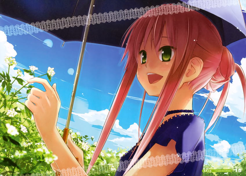 :d absurdres blue_sky blurry cafe_sourire choker depth_of_field eretto female flower green_eyes hair_bun highres mizushima_serika nature open_mouth outdoors pink_hair plant sky smile solo