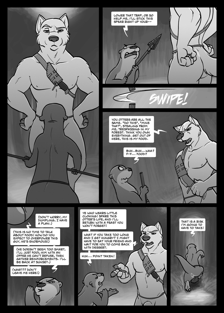 anthro anus canine comic female feral greyscale loincloth male mammal monochrome mustelid otter semi-anthro straight the_one_that_got_away thick_tail underwear wolf
