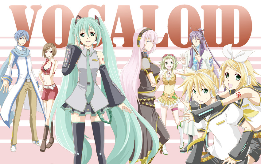 5girls :d absurdres bad_id bad_pixiv_id belt blue_scarf boots breasts cleavage detached_sleeves fan folding_fan garters glomp goggles green_hair gumi hair_ornament hair_ribbon hairclip hatsune_miku headset highres hug kagamine_len kagamine_rin kaito kamui_gakupo kanade_(reveryearth) knee_boots long_hair medium_breasts megurine_luka meiko midriff multiple_boys multiple_girls nail_polish navel necktie one_eye_closed open_mouth ribbon sailor_collar scarf short_hair shorts skirt small_breasts smile sweatdrop thighhighs twintails very_long_hair vocaloid wrist_cuffs