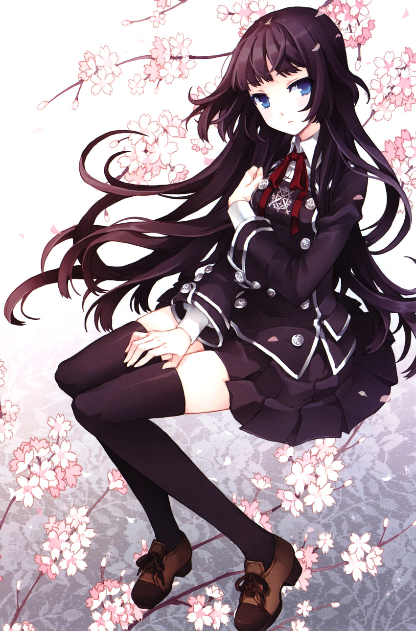 absurdres bangs black_hair black_legwear blue_eyes blunt_bangs face flower highres long_hair open_mouth original ribbon scan school_uniform sitting skirt solo tearfish thighhighs very_long_hair zettai_ryouiki