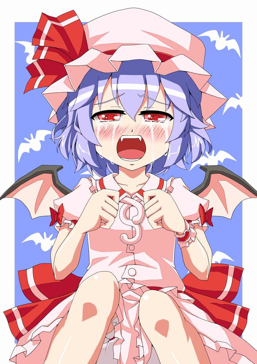absurdres bat_wings blue_hair crying crying_with_eyes_open emu_ichigo fangs hat highres open_mouth red_eyes remilia_scarlet short_hair solo tears touhou wings