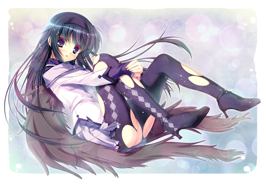 akemi_homura argyle argyle_legwear black_hair black_wings blush boots futaori_arisa hairband leg_hug long_hair magical_girl mahou_shoujo_madoka_magica md5_mismatch pantyhose purple_eyes solo torn_clothes torn_legwear very_long_hair wings