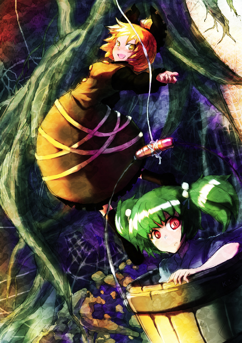 absurdres blonde_hair bucket green_hair highres in_bucket in_container kisume kurodani_yamame multiple_girls open_mouth outstretched_arm pink_eyes short_hair silk smile sonjow4 spider_web touhou yellow_eyes