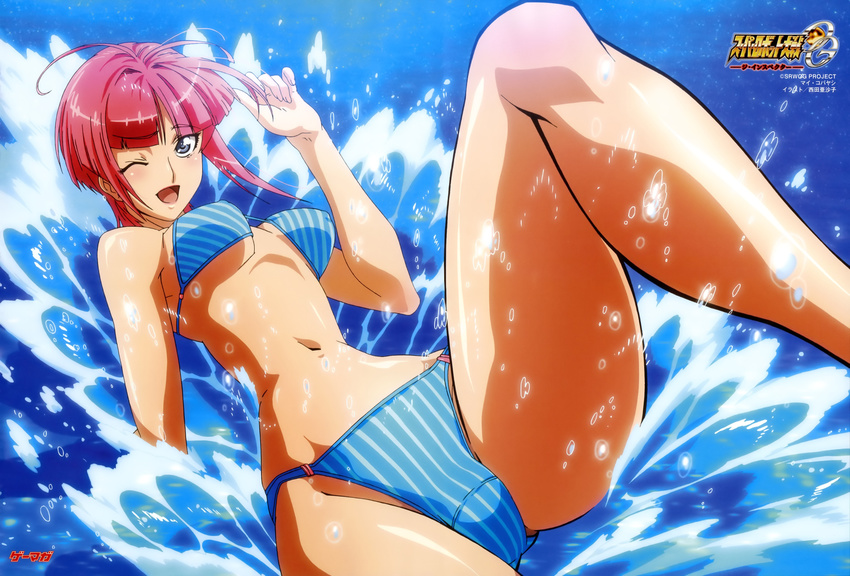 absurdres ahoge bikini blue_eyes happy highres mai_kobayashi nishida_asako one_eye_closed pink_hair short_hair solo super_robot_wars super_robot_wars_og_the_inspector super_robot_wars_original_generation swimsuit water