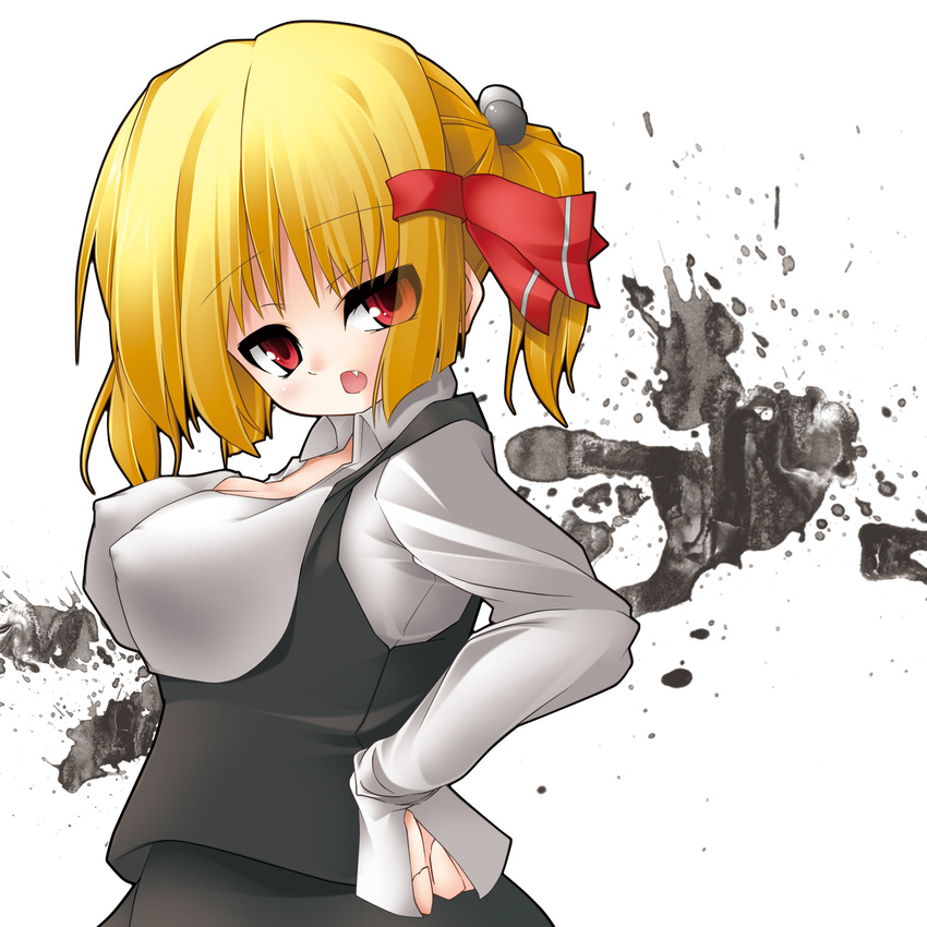 blonde_hair bow breasts fang hair_bow hair_ribbon highres large_breasts red_eyes ribbon rumia short_hair solo touhou uhyo_(uhyoahya) upper_body