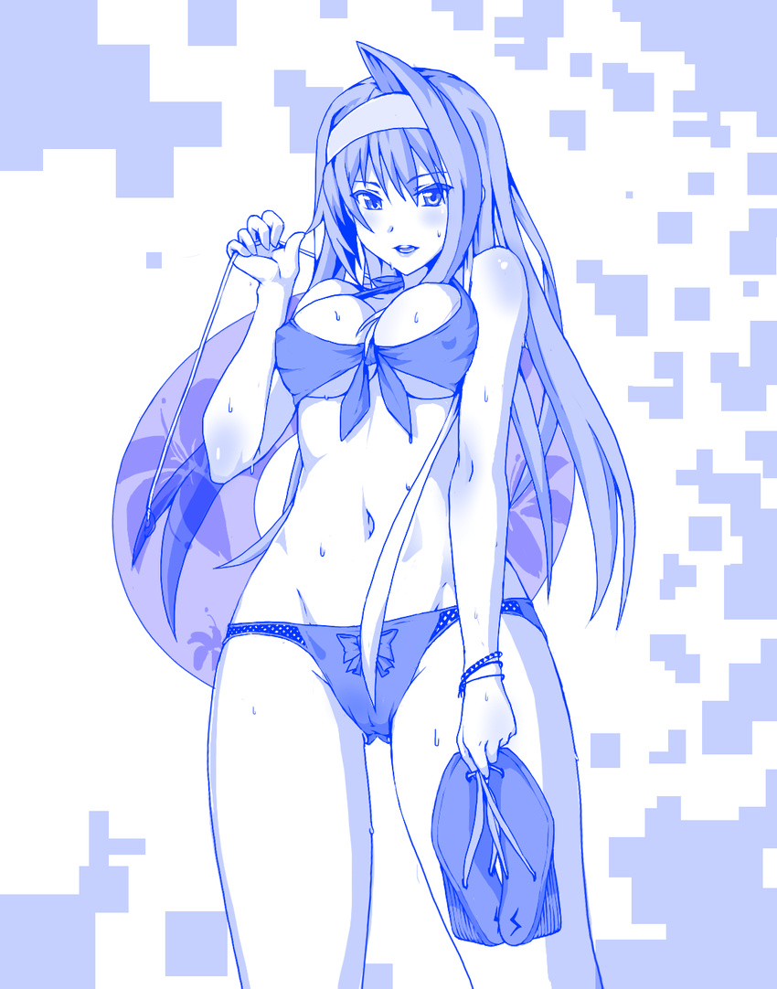 arcana_heart bikini bracelet breasts front-tie_top hairband highres innertube jewelry large_breasts long_hair monochrome navel open_mouth ryusuke1234 sandals smile solo swimsuit tsuzura_saki underboob very_long_hair wet