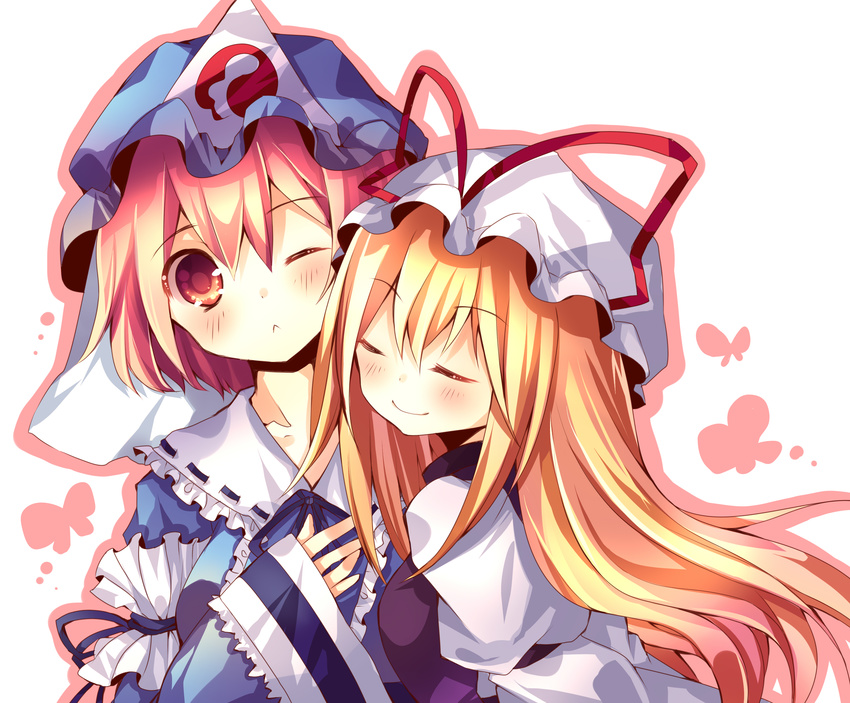 :&lt; ;&lt; absurdres bad_id bad_pixiv_id blonde_hair blush closed_eyes hand_on_own_chest hat highres hug kusada_souta multiple_girls one_eye_closed pink_hair red_eyes saigyouji_yuyuko touhou triangular_headpiece upper_body yakumo_yukari