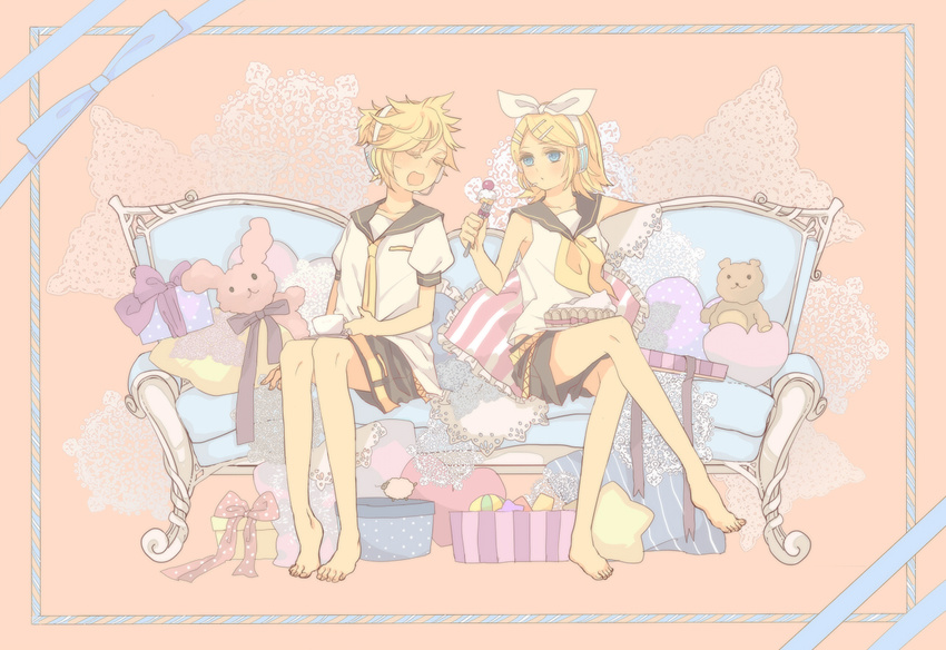 1girl barefoot blonde_hair blue_eyes brother_and_sister couch crossed_legs cup feet hair_ornament hair_ribbon hairclip headphones headset kagamine_len kagamine_rin legs pillow ranpak ribbon short_hair siblings sitting stuffed_animal stuffed_toy teddy_bear twins vocaloid