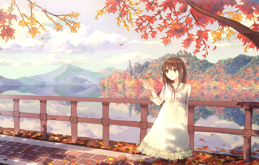 autumn brown_eyes brown_hair dress landscape leaves long_hair original scenic tree water