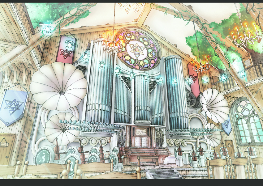 bad_pixiv_id banner bell bow_(instrument) chair chandelier church instrument no_humans organ pixiv_fantasia pixiv_fantasia_5 roffi scenery stained_glass stairs tree violin