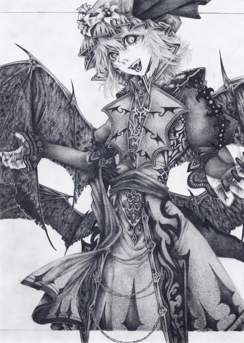 bat_wings chotto fangs greyscale hat highres monochrome remilia_scarlet short_hair solo touhou traditional_media wings