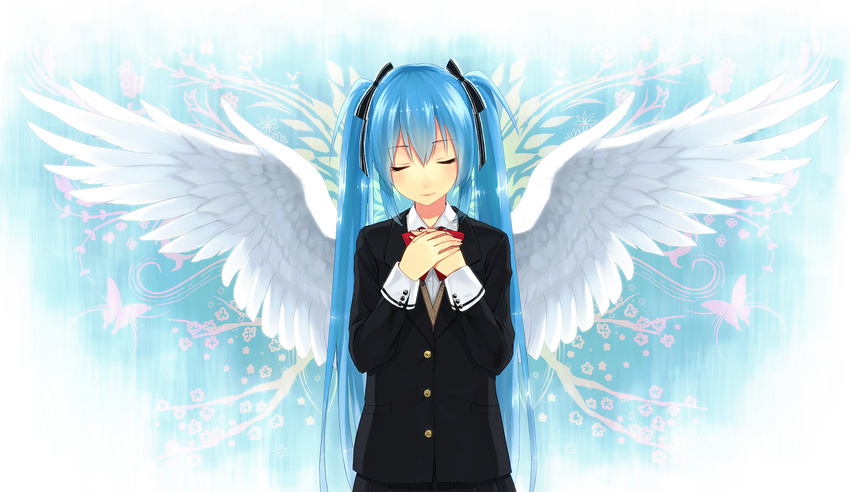 angel_wings blue_hair bug butterfly closed_eyes hands_on_own_chest hatsune_miku highres insect kurasawa_moko light_smile long_hair school_uniform solo twintails vocaloid wings