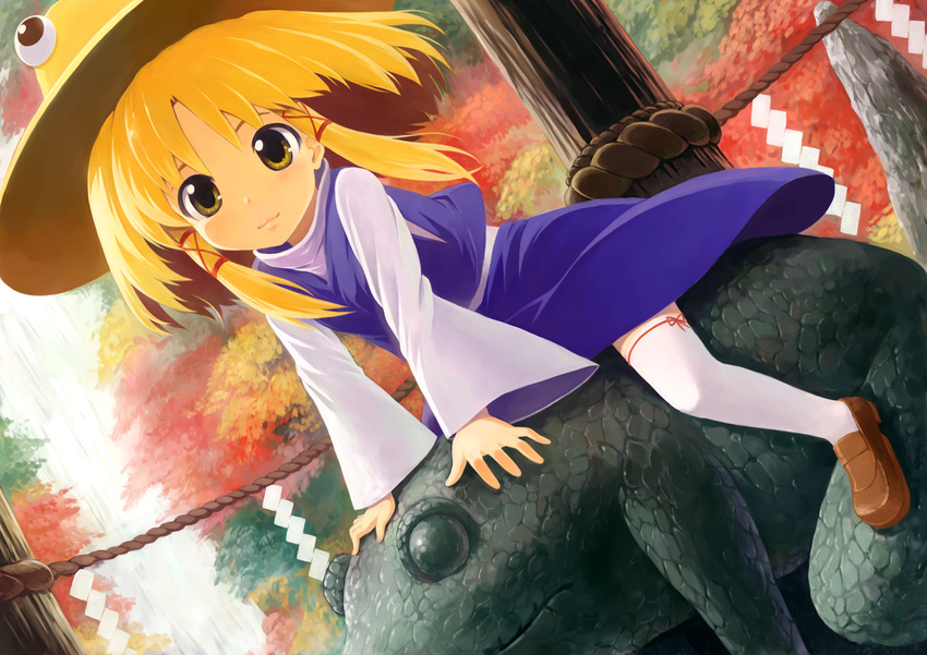 :3 autumn blonde_hair blush child dutch_angle floating_hair frog hair_ribbon hat kanini leg_ribbon looking_at_viewer moriya_suwako red_ribbon ribbon rope shide shimenawa short_hair sidelocks sitting sitting_on_object smile solo statue straddling thighhighs touhou tree tress_ribbon water waterfall white_legwear wide_sleeves yellow_eyes zettai_ryouiki