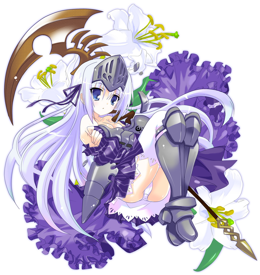 armor armored_dress blue_eyes boots eucliwood_hellscythe faulds fingerless_gloves full_body gauntlets gloves greaves highres hizuki_yayoi knee_boots kore_wa_zombie_desu_ka? long_hair md5_mismatch panties silver_hair solo thighhighs underwear vambraces very_long_hair visor_(armor) weapon white_background