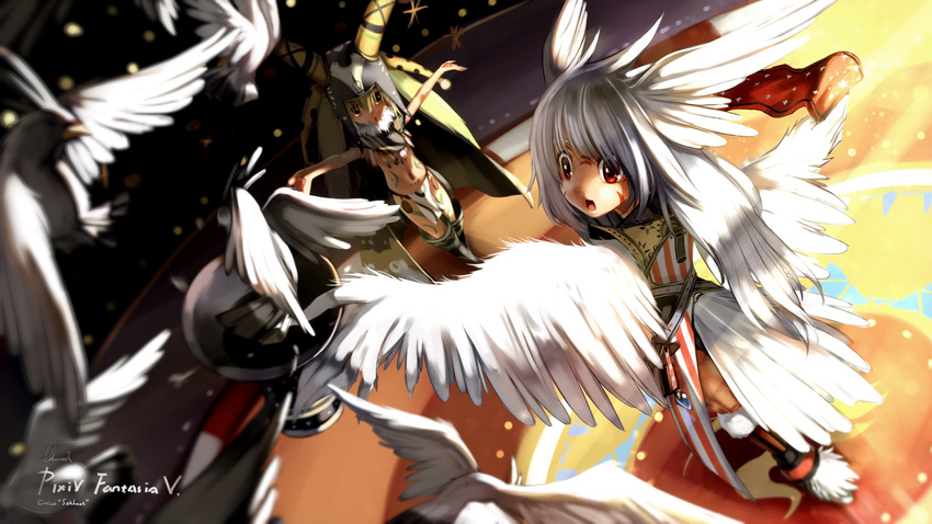 bad_id bad_pixiv_id bird blonde_hair bodypaint boots brown_eyes facepaint feathers hat headdress highres horns long_hair multiple_girls navel observerz outstretched_arms pixiv_fantasia pixiv_fantasia_5 red_eyes silver_hair thigh_boots thighhighs top_hat very_long_hair wings