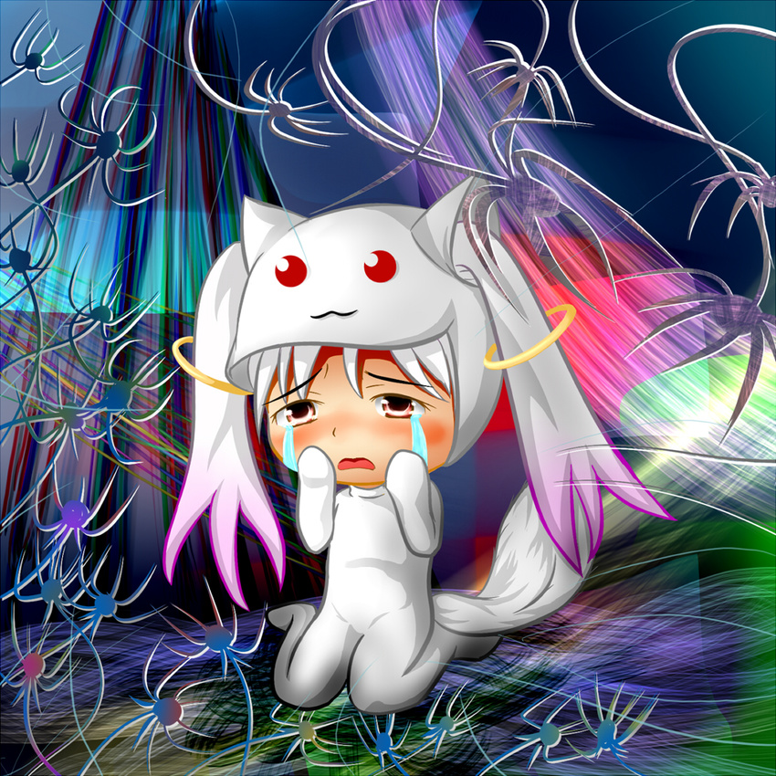 androgynous bug highres kneeling kyubey mahou_shoujo_madoka_magica multicolored_hair personification pink_hair red_eyes sad saihamaru solo spider tail tears twintails white_hair