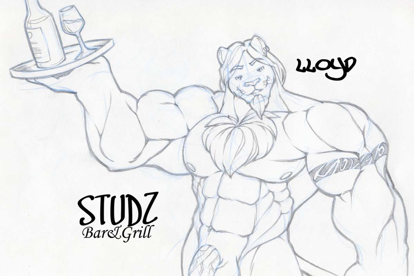 alcohol balls ear_piercing feline grin lion looking_at_viewer male muscles nude penis piercing sketch solo standing tail tattoo tkc2021 wine