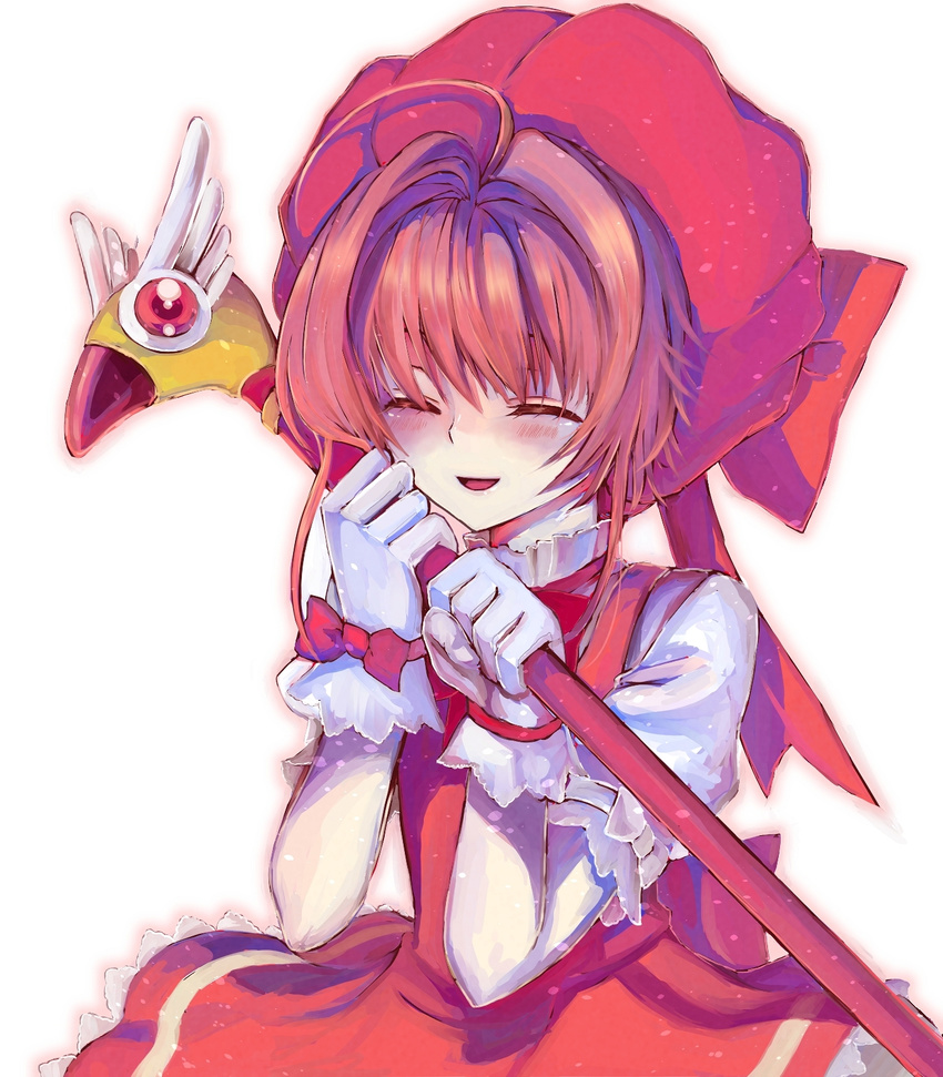 bad_id bad_pixiv_id blush brown_hair cardcaptor_sakura chirosuke closed_eyes dress fuuin_no_tsue gloves happy hat highres kinomoto_sakura magical_girl pink_hat red_dress simple_background smile solo wand white_gloves