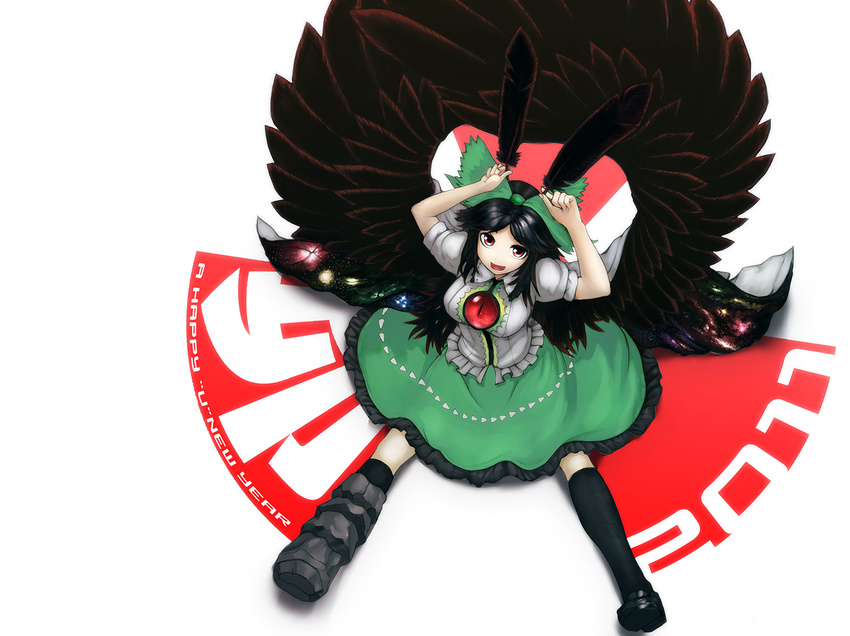 2011 arms_up arugeri asymmetrical_clothes black_hair black_legwear bow cape english feathers from_above green_bow hair_bow highres kneehighs long_hair mismatched_footwear new_year red_eyes reiuji_utsuho simple_background sitting solo spread_legs third_eye touhou wings