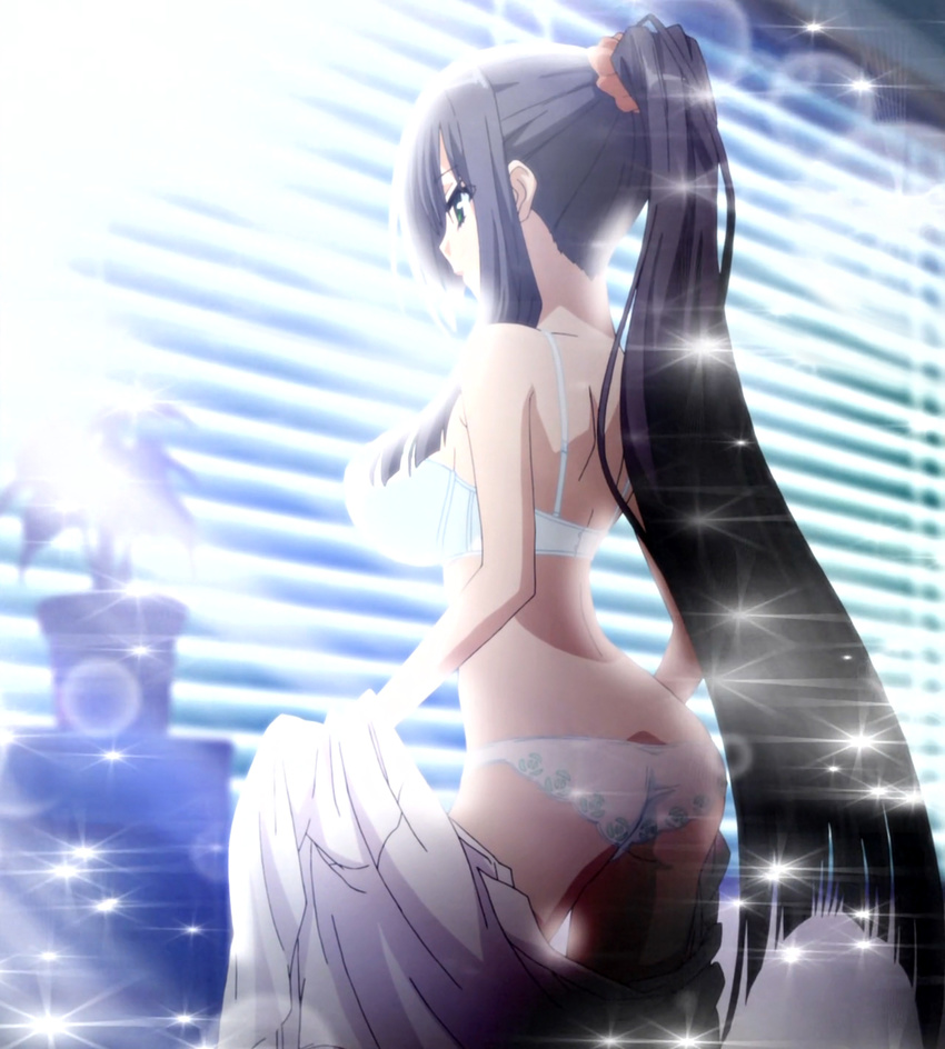 arched_back ass bare_shoulders black_hair blinds bra breasts from_behind highres kore_wa_zombie_desu_ka? large_breasts lingerie long_hair non-web_source panties plant ponytail potted_plant screencap seraphim_(kore_wa_zombie_desu_ka?) solo sparkle stitched third-party_edit underwear underwear_only undressing very_long_hair white_panties