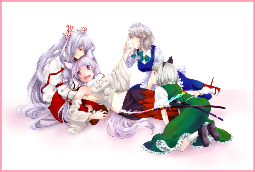 animal_ears bad_id bad_pixiv_id border bow braid color_connection detached_sleeves fangs fujiwara_no_mokou hair_bow hair_color_connection hair_ribbon hairband harem hat highres inubashiri_momiji izayoi_sakuya katana konpaku_youmu long_hair maid maid_headdress midriff multiple_girls pants red_eyes ribbon scabbard sheath short_hair silver_hair suspenders sword tail tears tokin_hat touhou twin_braids weapon wolf_ears wolf_tail yuri zatoukujira