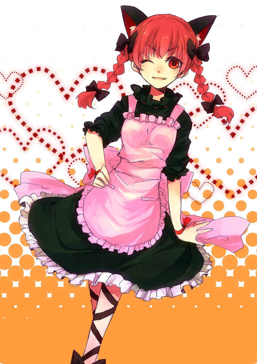 74_(teduka) absurdres animal_ears apron braid cat_ears face highres kaenbyou_rin red_eyes red_hair short_hair solo touhou twin_braids twintails