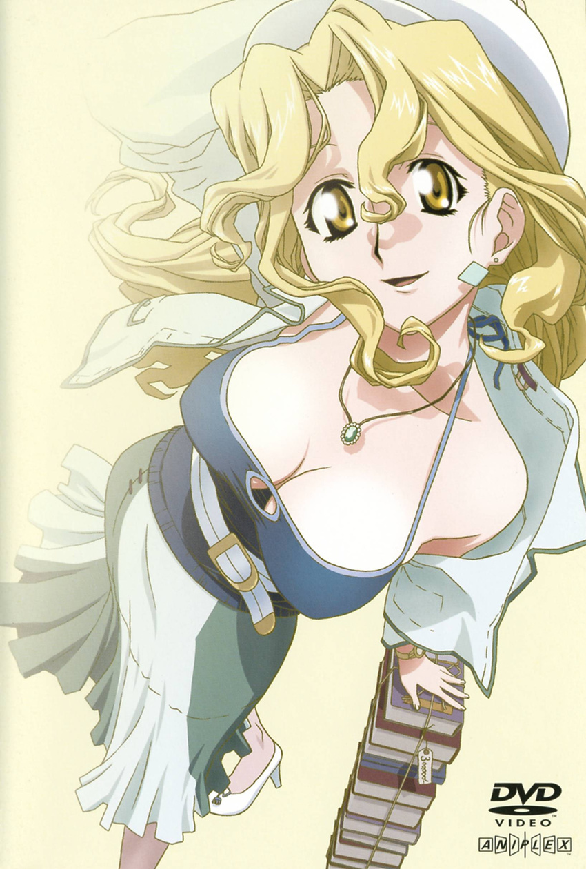 absurdres arms_up belt blonde_hair book breasts cleavage collar earrings female gradient gradient_background hat high_heels highres jacket jewelry large_breasts long_hair looking_at_viewer michelle_cheung open_mouth r.o.d_the_tv read_or_die skirt smile solo standing yellow_eyes