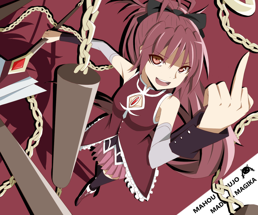 :d bare_shoulders black_legwear breasts chain cleavage detached_sleeves do-tan from_above highres long_hair magical_girl mahou_shoujo_madoka_magica medium_breasts middle_finger open_mouth perspective pleated_skirt polearm ponytail red_eyes red_hair sakura_kyouko skirt smile solo spear thighhighs weapon