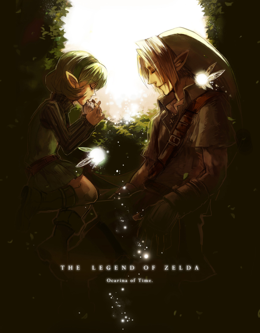 1girl bad_id bad_pixiv_id belt closed_eyes fairy gloves green_hair hairband hat highres instrument link navi ocarina pointy_ears saria takagi_(0takagi0) the_legend_of_zelda the_legend_of_zelda:_ocarina_of_time