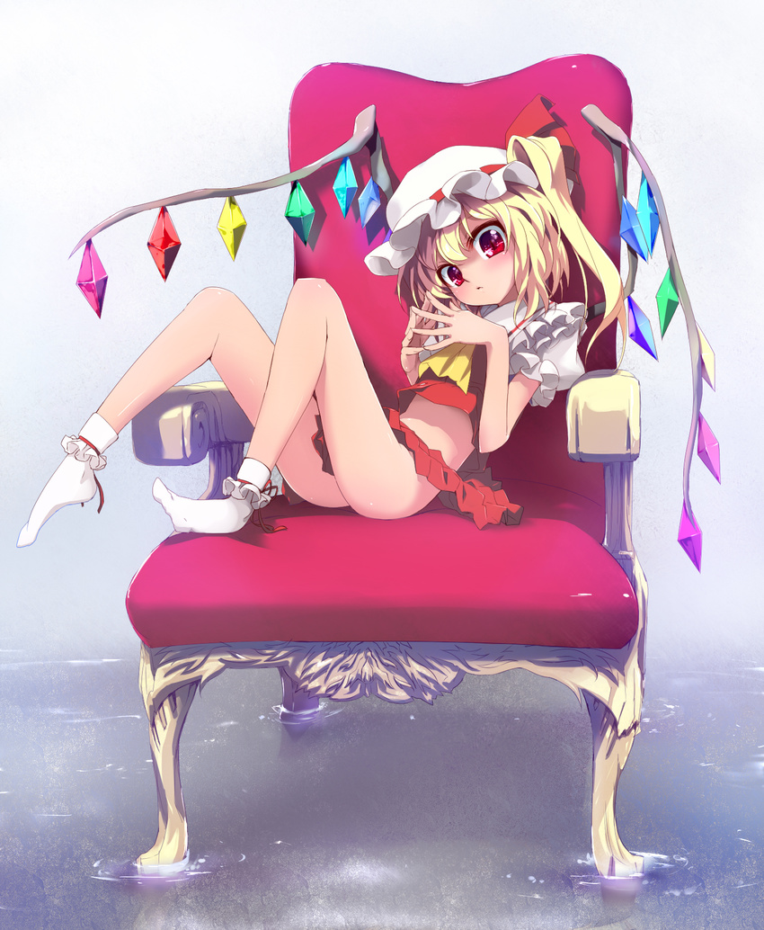 ascot bare_legs blonde_hair bobby_socks chair flandre_scarlet grune hat highres looking_at_viewer no_panties red_eyes short_hair side_ponytail skinny socks solo steepled_fingers throne touhou water white_legwear wings