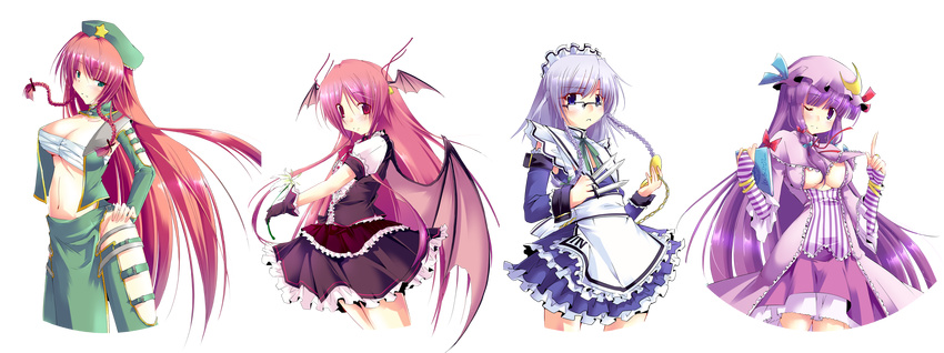 absurdres adapted_costume apron bat_wings beret bespectacled blue_eyes book braid breasts bridal_gauntlets cleavage cleavage_cutout crescent elbow_gloves flower frills glasses gloves green_eyes hands_on_hips hat heart highres hong_meiling izayoi_sakuya knife koakuma large_breasts light_smile long_hair maid_headdress multiple_girls navel one_eye_closed open_clothes open_shirt patchouli_knowledge pocket_watch purple_eyes purple_hair red_eyes red_hair sarashi sesield shirt side_slit silver_hair striped striped_gloves touhou transparent_background twin_braids very_long_hair watch weapon wings