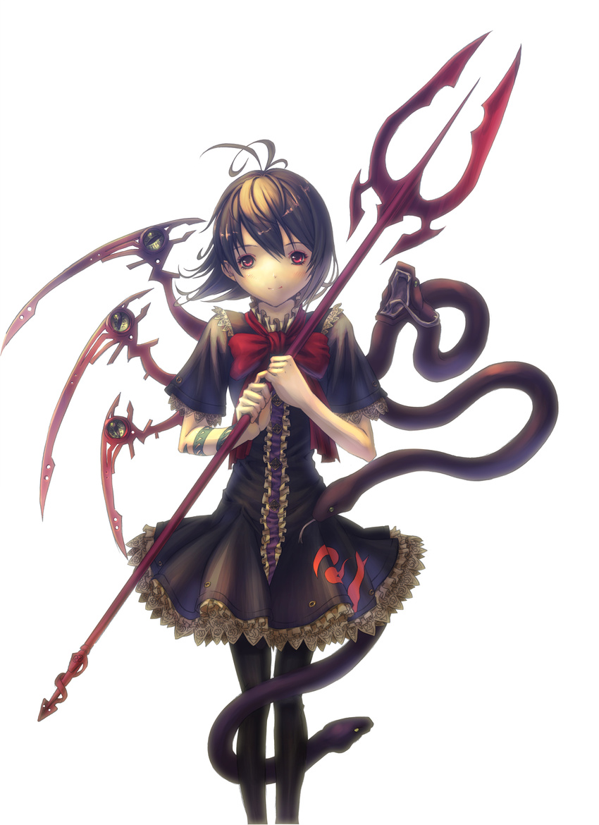 absurdres ahoge asymmetrical_wings black_hair bloom embellished_costume frills highres houjuu_nue polearm red_eyes shiroi_karasu short_hair simple_background smile snake solo standing touhou trident weapon white_background wings