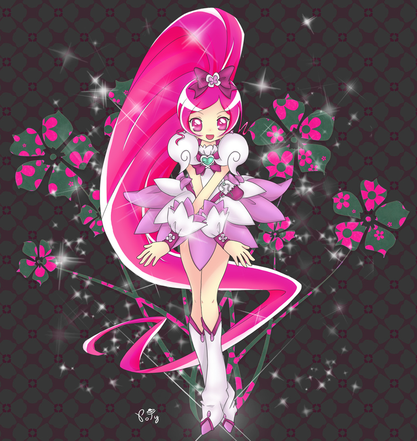 absurdres bad_id bad_pixiv_id boots bow brooch cure_blossom dress flower full_body hair_flower hair_ornament hair_ribbon hanasaki_tsubomi heart heartcatch_precure! highres jewelry knee_boots long_hair magical_girl patychanbr pink_bow pink_eyes pink_hair precure ribbon smile solo very_long_hair wrist_cuffs