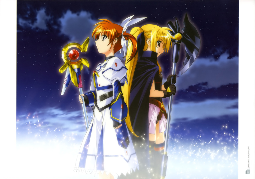 absurdres back-to-back bardiche belt black_legwear black_ribbon blonde_hair cape fate_testarossa fingerless_gloves gloves hair_ribbon highres holding holding_weapon long_hair lyrical_nanoha magical_girl mahou_shoujo_lyrical_nanoha mahou_shoujo_lyrical_nanoha_the_movie_1st multiple_girls night pleated_skirt purple_eyes raising_heart red_eyes red_hair ribbon skirt takamachi_nanoha thighhighs twintails very_long_hair weapon white_ribbon white_skirt